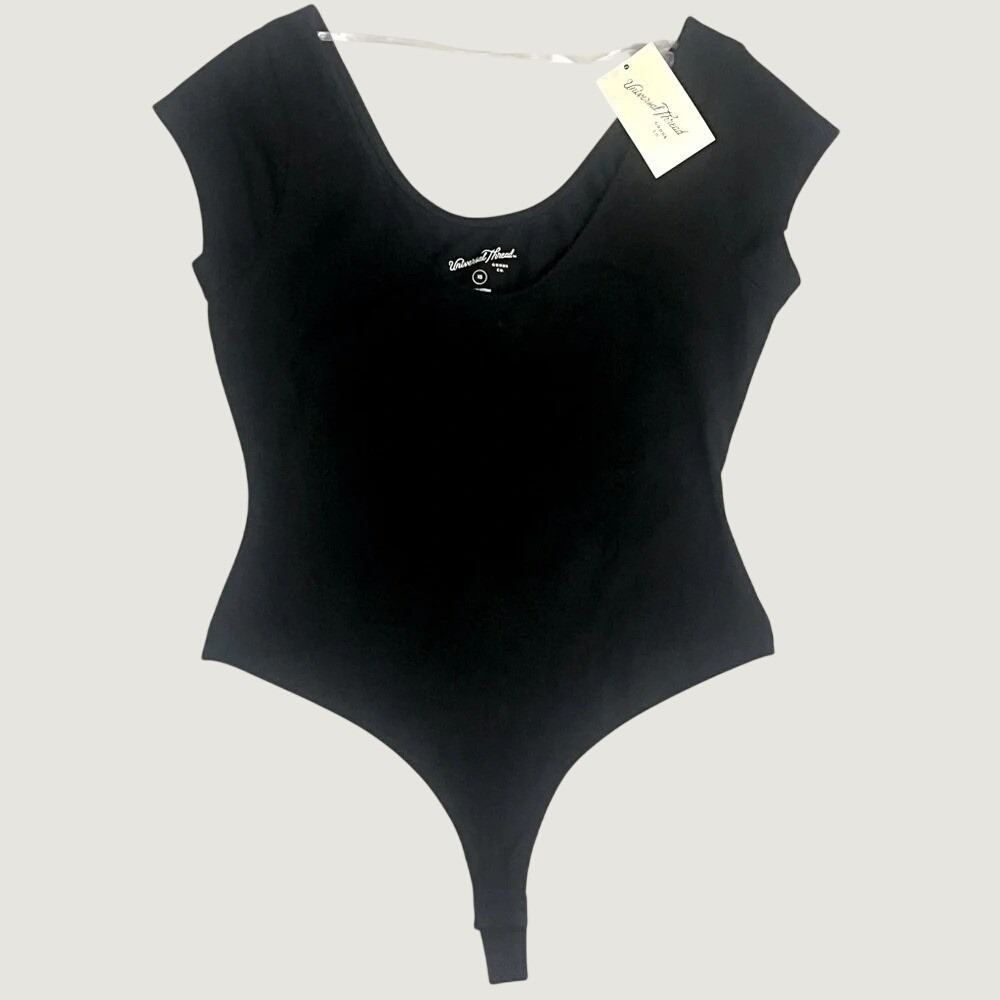 Universal Thread Black Bodysuit Womens XS NWT Cap Sleeve Thong Stretch Basic
